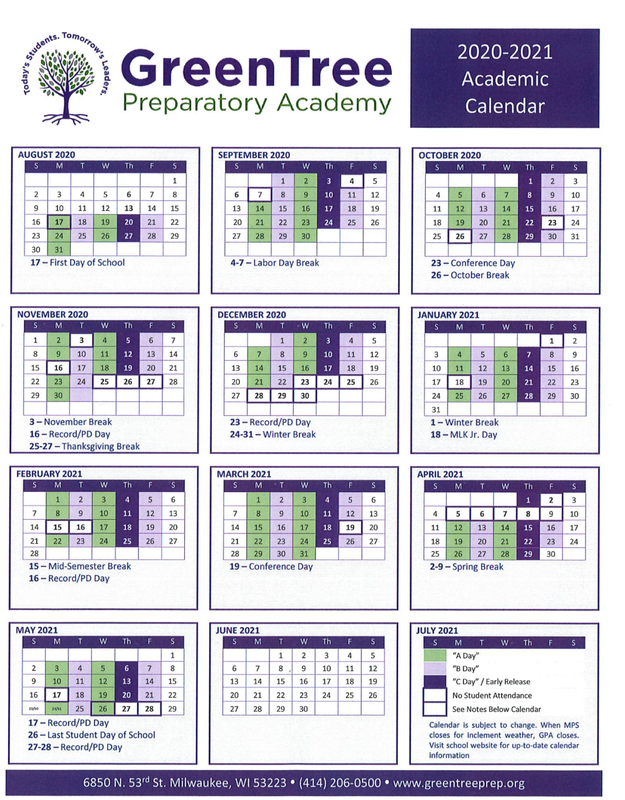 GreenTree Academic Calendar Milwaukee Prep Academy